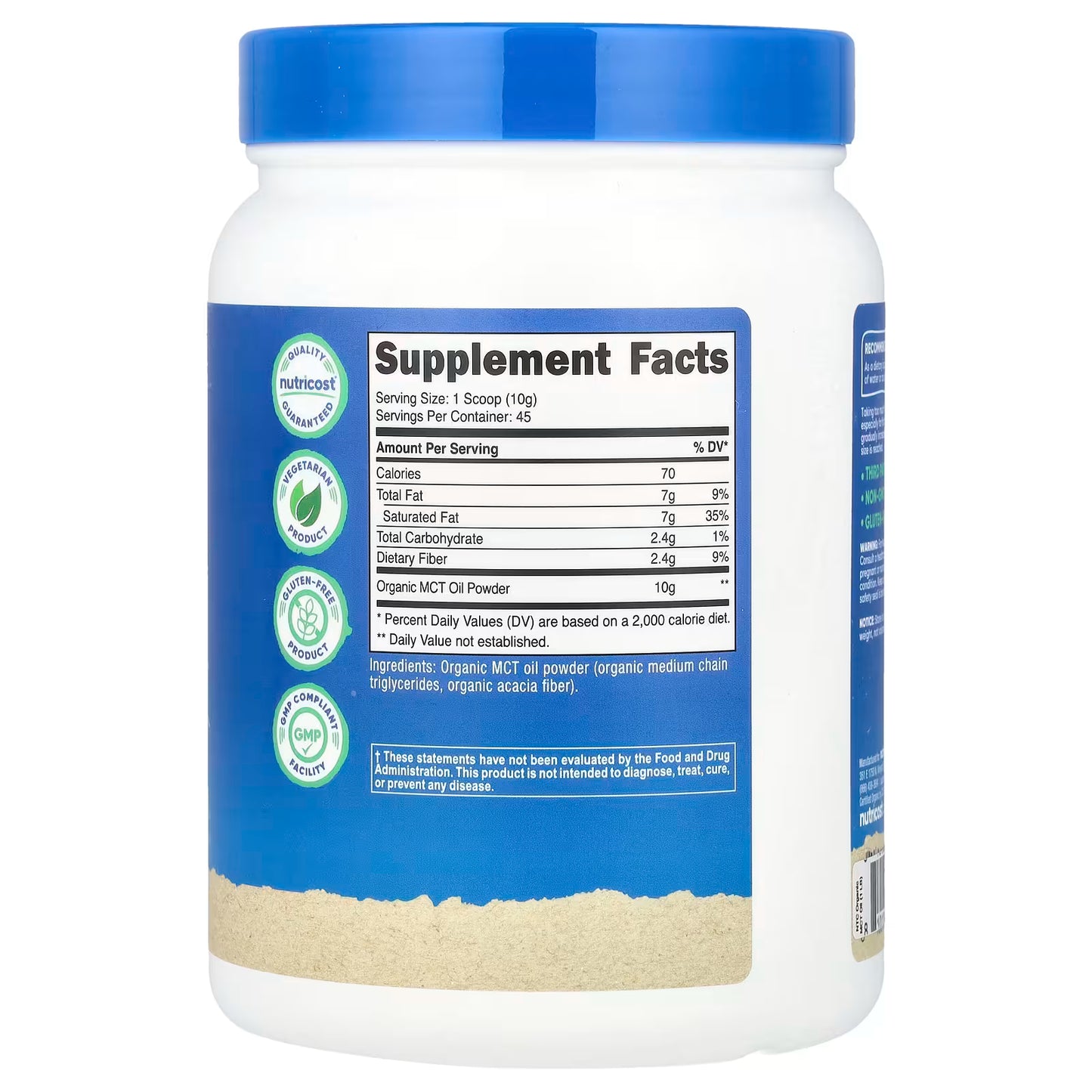 Nutricost, Organic MCT Oil Powder, Unflavored, 16.2 oz (454 g)