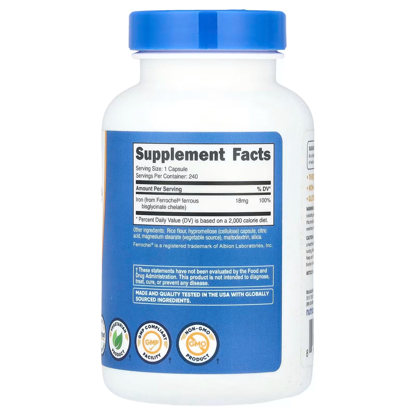 Nutricost, Iron Chelate From Ferrochel®, 18 mg, 240 Capsules