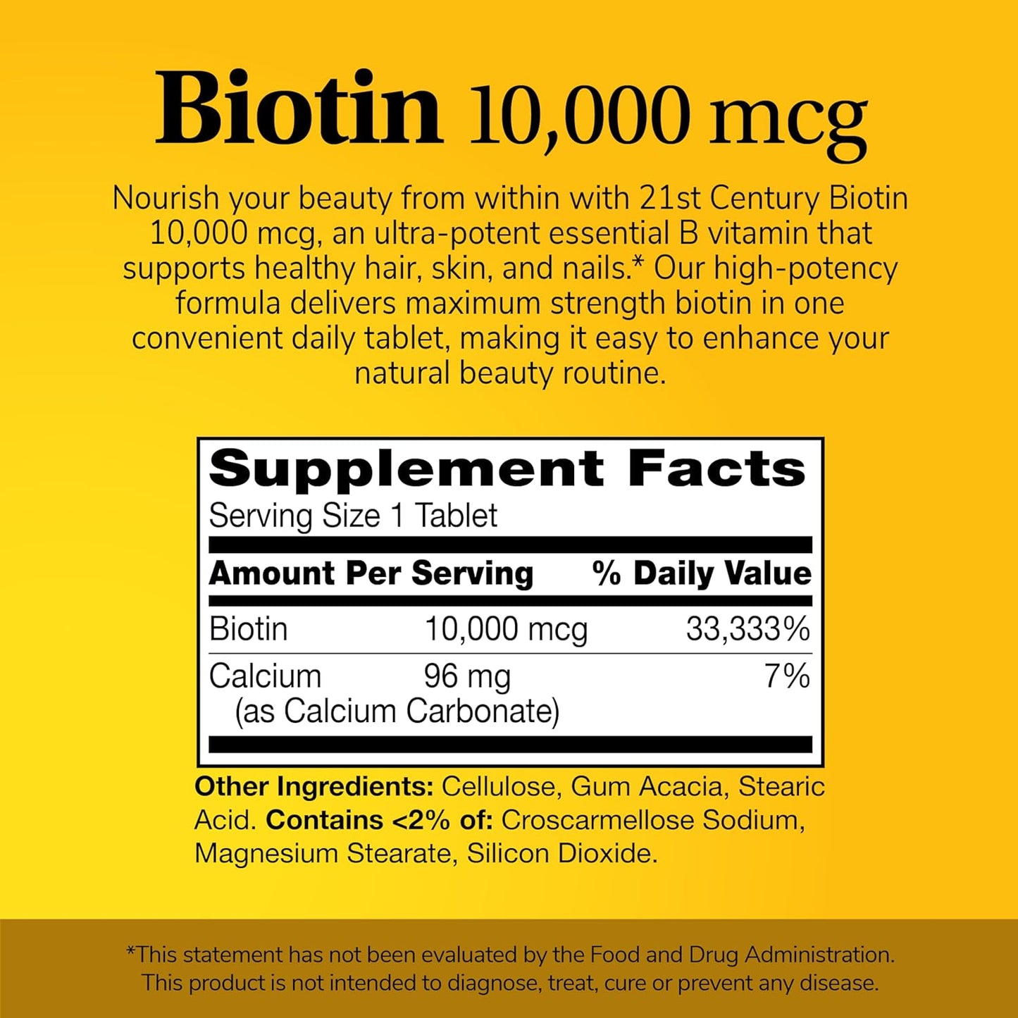 21st Century Biotin Tablets, 10,000 mcg, Unflavored 120 Count