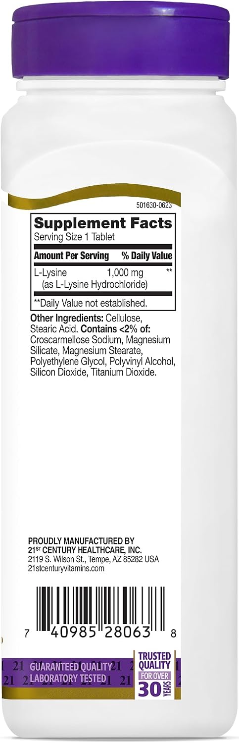 21st Century L-Lysine 1000mg Tablets, Essential Amino Acid, 90 Tablets