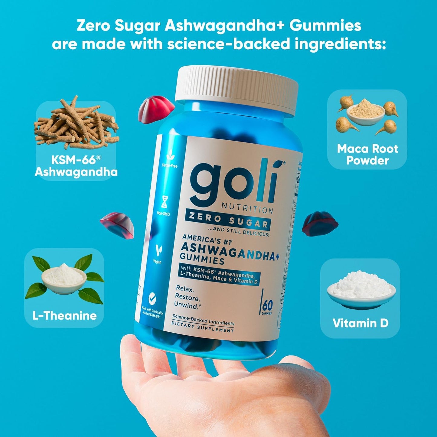 Goli Zero Sugar Ashwagandha & Vitamin D, Maca, L-Theanine Gummies