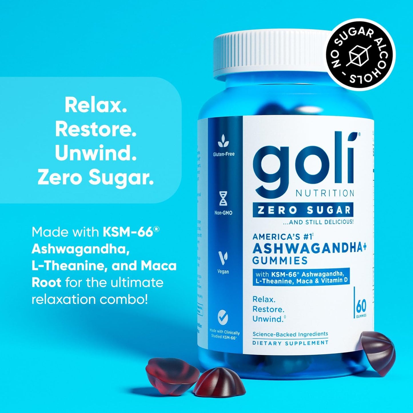 Goli Zero Sugar Ashwagandha & Vitamin D, Maca, L-Theanine Gummies