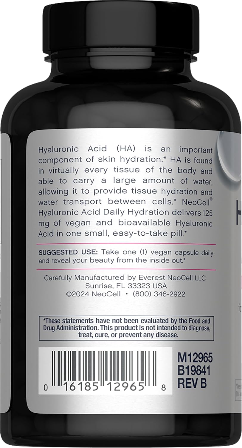 NeoCell Hyaluronic Acid Capsules | 60 Caps | 125 mg | Daily Hydration | Hair, Skin & Nails | Vegan Supplement