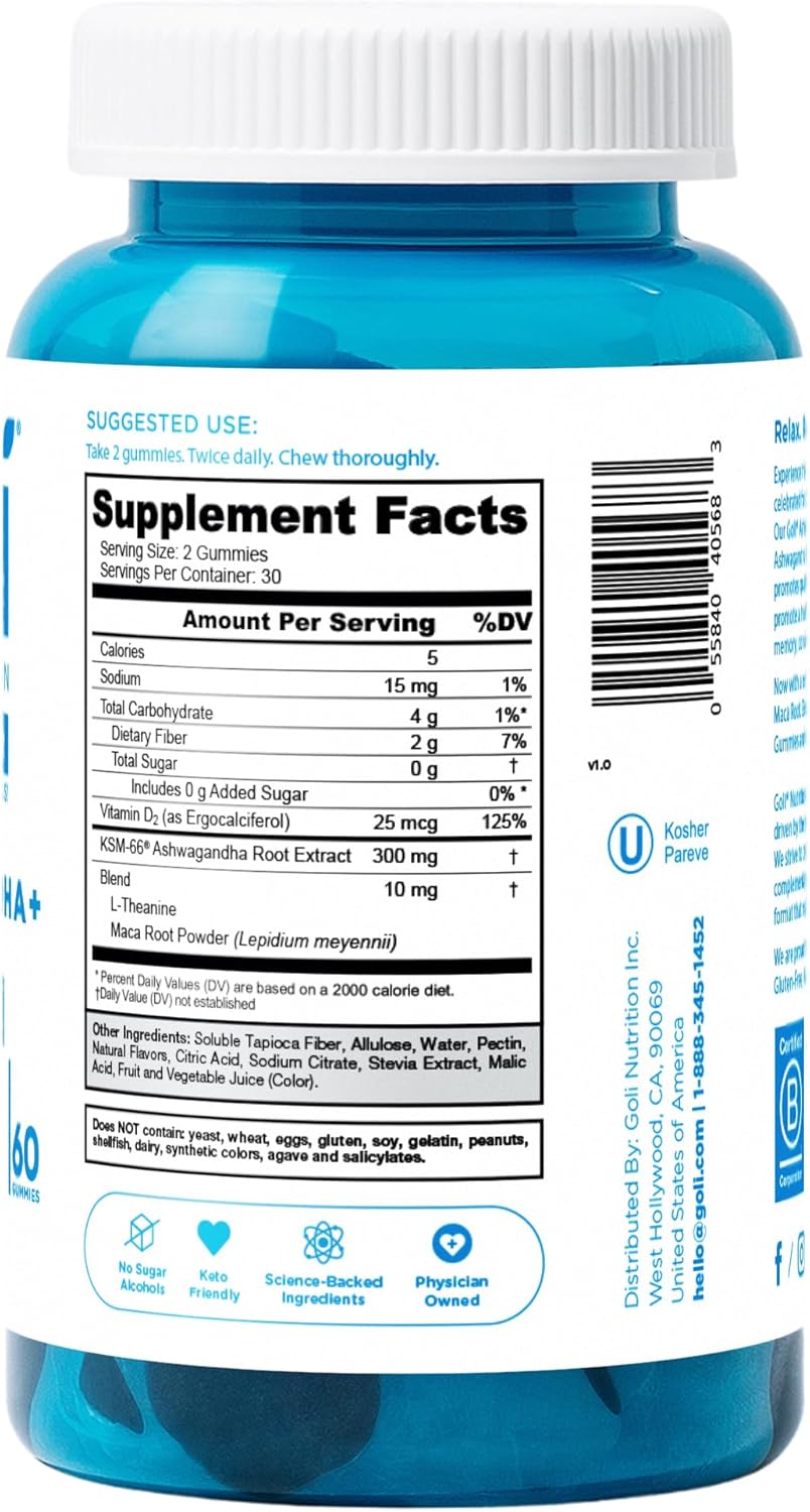 Goli Zero Sugar Ashwagandha & Vitamin D, Maca, L-Theanine Gummies
