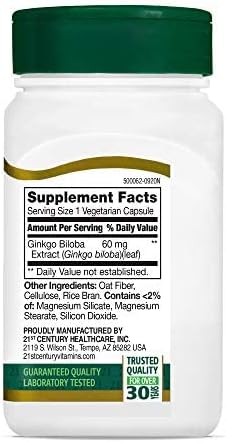 21st Century, Ginkgo Biloba Extract, Standardized, 60 Vegetarian Capsules (60 mg per Capsule)