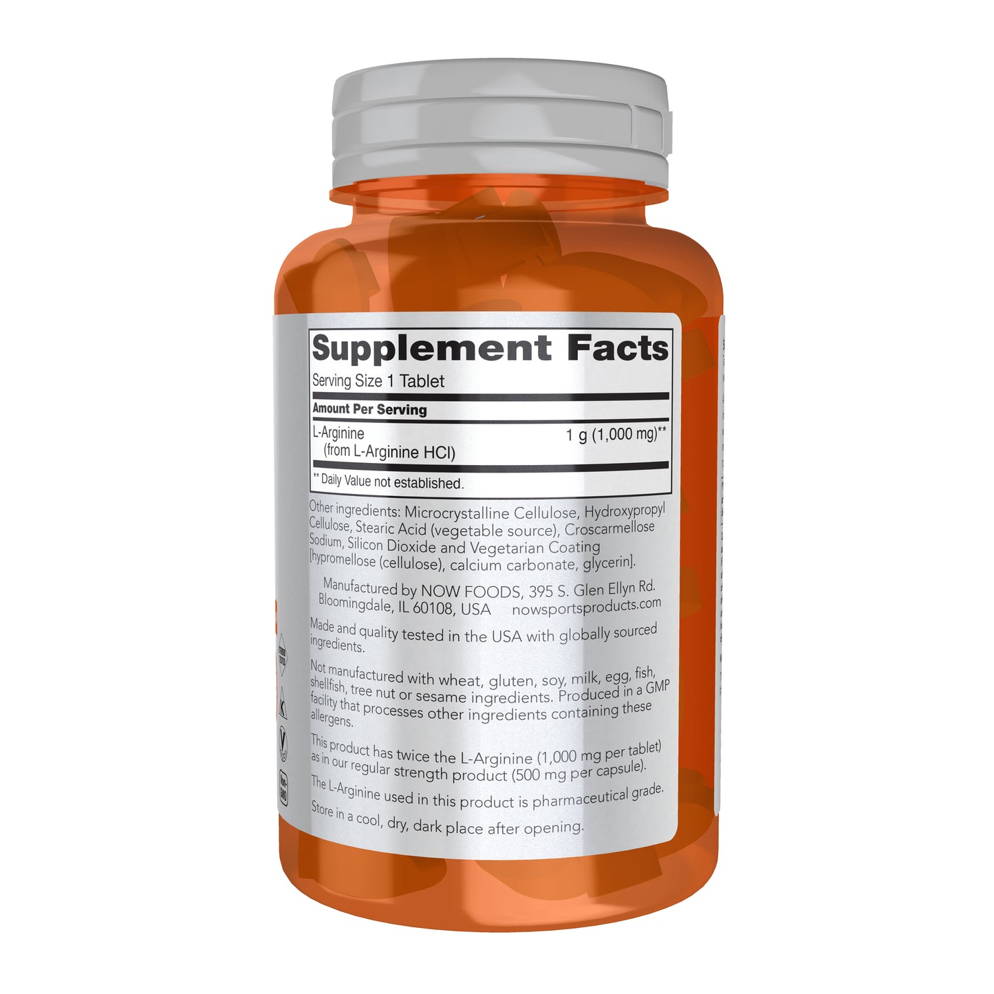 NOW Sports Nutrition, L-Arginine Double Strength 1000mg, Nitric Oxide Precursor, Amino Acids, 60 Tablets