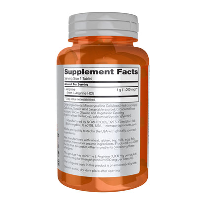NOW Sports Nutrition, L-Arginine Double Strength 1000mg, Nitric Oxide Precursor, Amino Acids, 60 Tablets