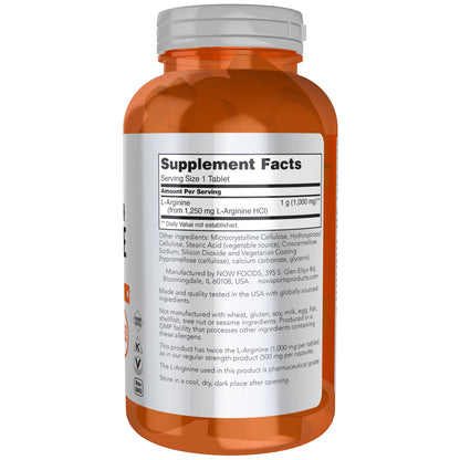 NOW Sports Nutrition, L-Arginine Double Strength 1000mg, Nitric Oxide Precursor, Amino Acids, 180 Tablets