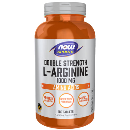 NOW Sports Nutrition, L-Arginine Double Strength 1000mg, Nitric Oxide Precursor, Amino Acids, 180 Tablets
