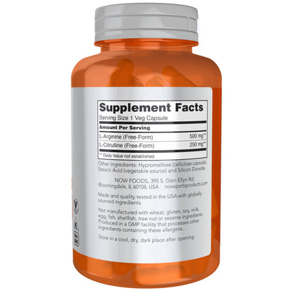 NOW Sports Nutrition, Arginine & Citrulline 500 mg/ 250 mg, Amino Acids, 120 Veg Capsules