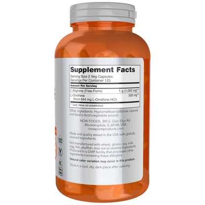 NOW Sports Nutrition, Arginine & Ornithine 500/250 mg, Amino Acids, 250 Veg Capsules