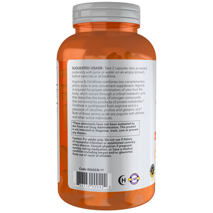 NOW Sports Nutrition, Arginine & Ornithine 500/250 mg, Amino Acids, 100 Veg Capsules