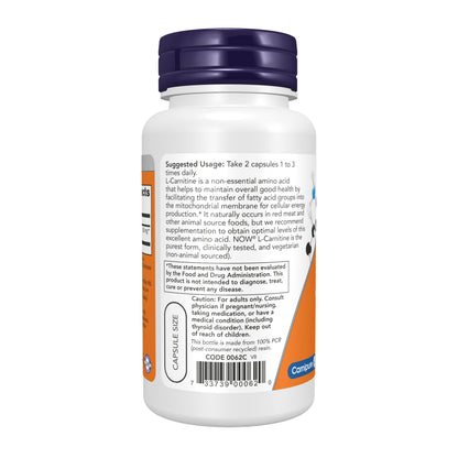 NOW Supplements, L-Carnitine 250 mg, Purest Form, Amino Acid, Fitness Support*, 60 Veg Capsules