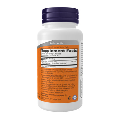 NOW Supplements, L-Carnitine 250 mg, Purest Form, Amino Acid, Fitness Support*, 60 Veg Capsules
