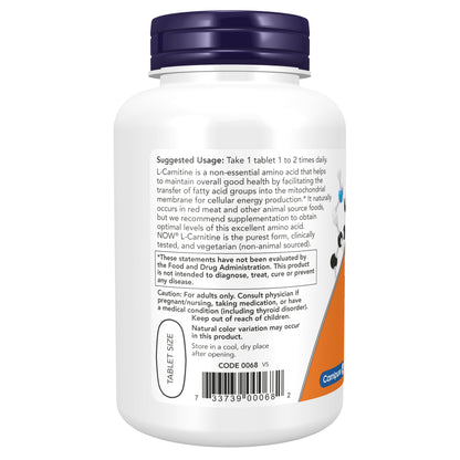 NOW Supplements, L-Carnitine 1,000 mg, Purest Form, Amino Acid, Fitness Support*, 100 Tablets