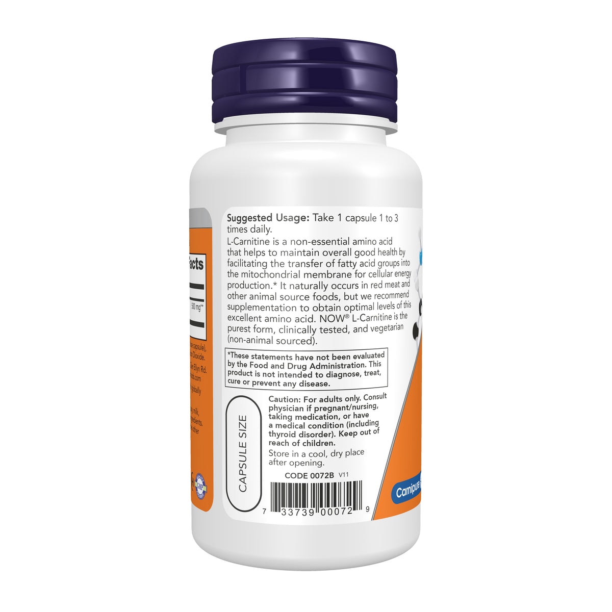 NOW Supplements, L-Carnitine 500mg, Purest Form, Amino Acid, 60 Veg Caps