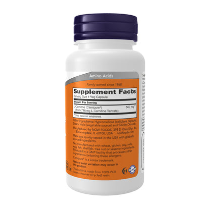 NOW Supplements, L-Carnitine 500mg, Purest Form, Amino Acid, 60 Veg Caps