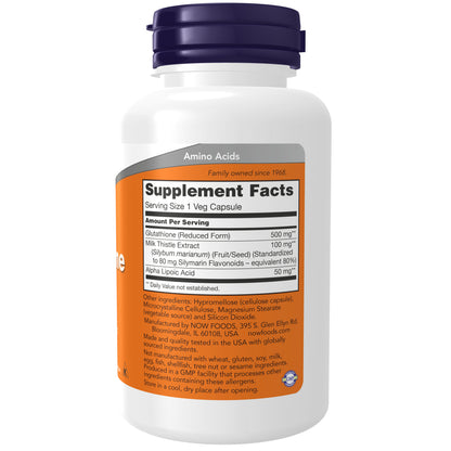 NOW Supplements, Glutathione 500 mg, With Milk Thistle Extract & Alpha Lipoic Acid, Detox Support*, 60 Veg Capsules
