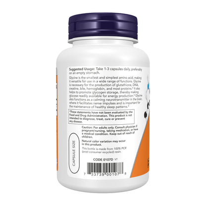 NOW Supplements, Glycine 1,000 mg Free-Form, Neurotransmitter Support*, 100 Veg Capsules