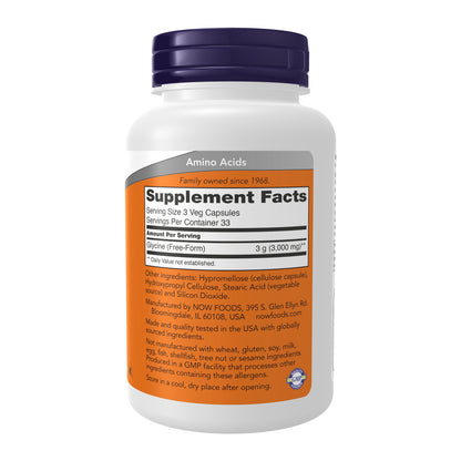 NOW Supplements, Glycine 1,000 mg Free-Form, Neurotransmitter Support*, 100 Veg Capsules