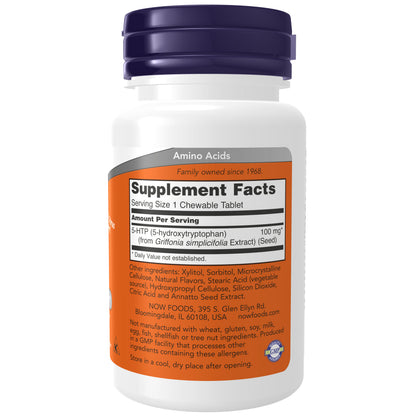 NOW Supplements, 5-HTP (5-hydroxytryptophan) 100 mg, Neurotransmitter Support*, 90 Chewables