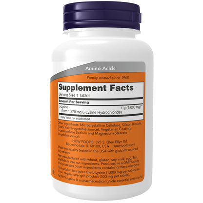 NOW Supplements, L-Lysine 1,000 mg, Double Strength, Amino Acid, 100 Tabs