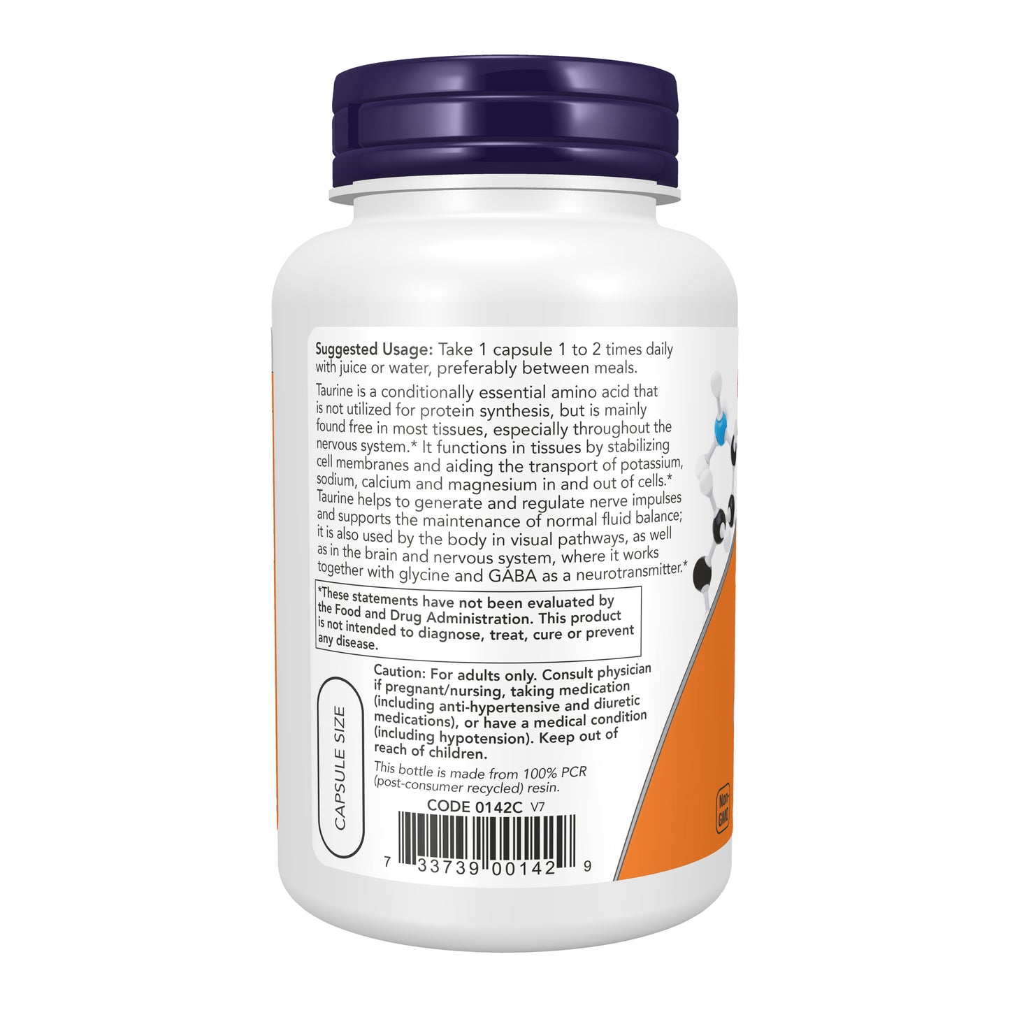 NOW Supplements, Taurine 1,000 mg, Double Strength, 100 Veg Caps