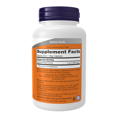 NOW Supplements, Taurine 1,000 mg, Double Strength, 100 Veg Caps