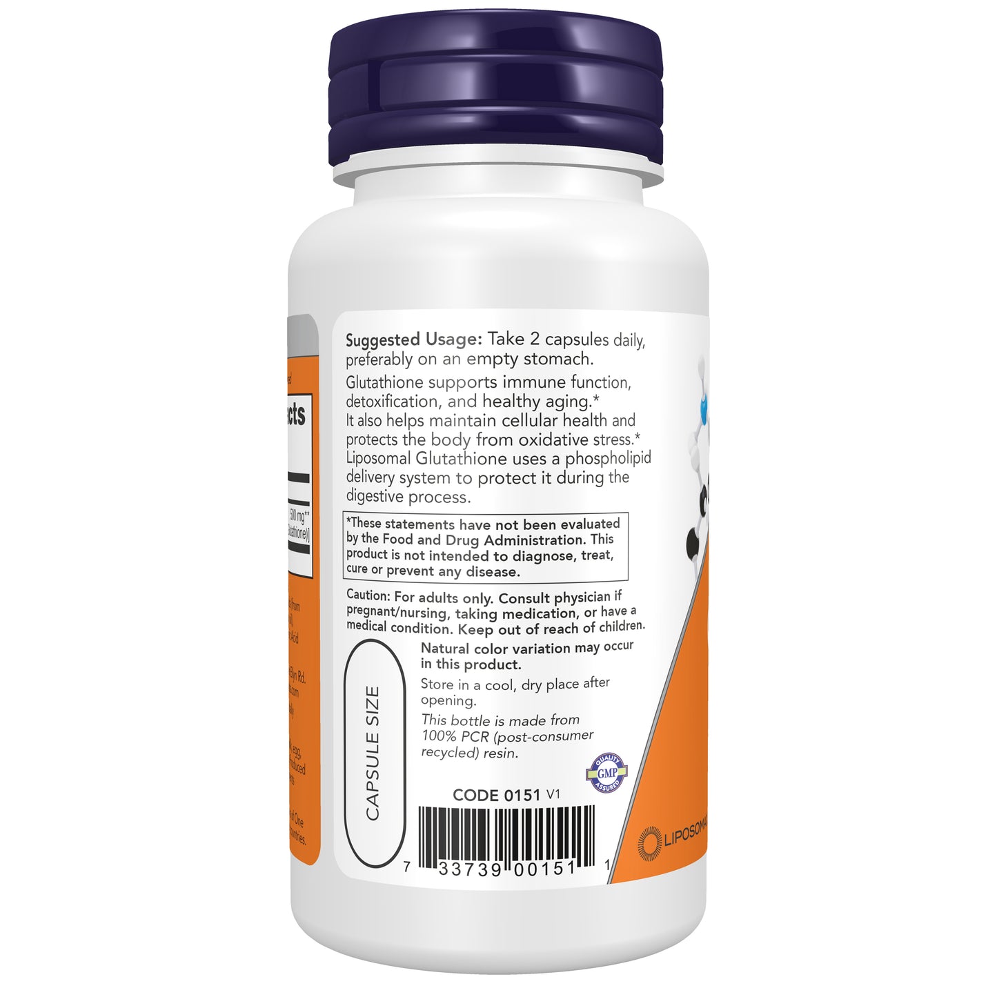 NOW Supplements Liposomal Glutathione, 500 mg, 60 Vegan Capsules
