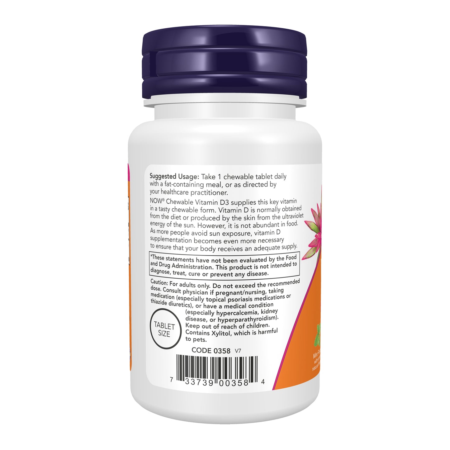 NOW Supplements, Vitamin D-3 5,000 IU, Mint Flavor, Structural Support*, 120 Chewables