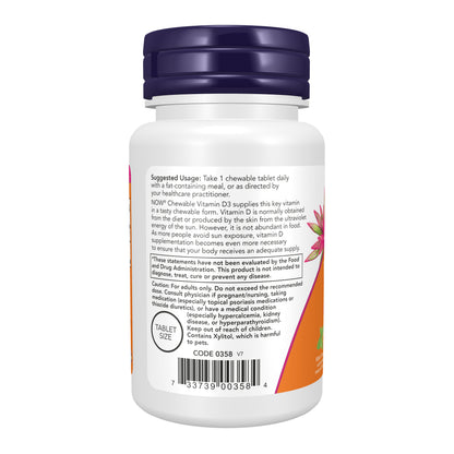 NOW Supplements, Vitamin D-3 5,000 IU, Mint Flavor, Structural Support*, 120 Chewables