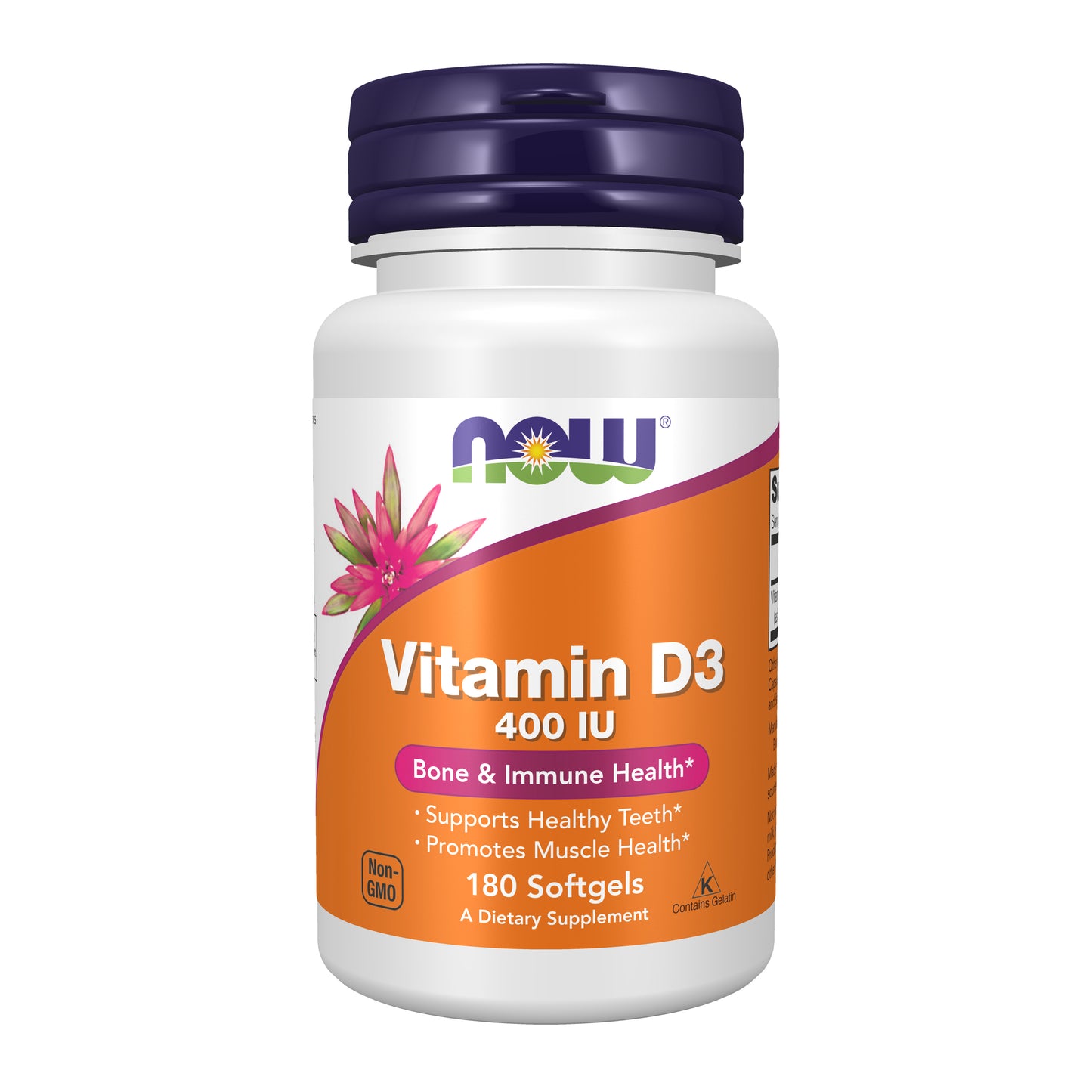 NOW Supplements, Vitamin D3 400 IU, Strong Bones*, Structural Support*, 180 Softgels