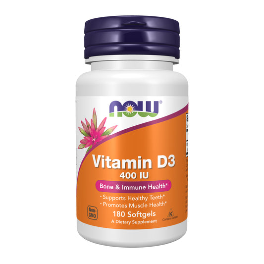 NOW Supplements, Vitamin D3 400 IU, Strong Bones*, Structural Support*, 180 Softgels