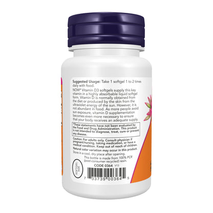NOW Supplements, Vitamin D3 400 IU, Strong Bones*, Structural Support*, 180 Softgels