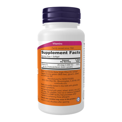 NOW Supplements, Vitamin D3 1,000 IU, High Potency, Structural Support*, 180 Softgels