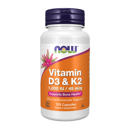 NOW Supplements, Vitamin D3 & K2, 1,000 IU/45 mcg, Plus Cardiovascular Support*, Supports Bone Health*, 120 Veg Capsules