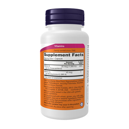 NOW Supplements, Vitamin D3 & K2, 1,000 IU/45 mcg, Plus Cardiovascular Support*, Supports Bone Health*, 120 Veg Capsules