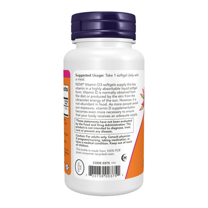 NOW Supplements, Vitamin D-3 1,000 IU, High Potency, Structural Support*, 360 Softgels