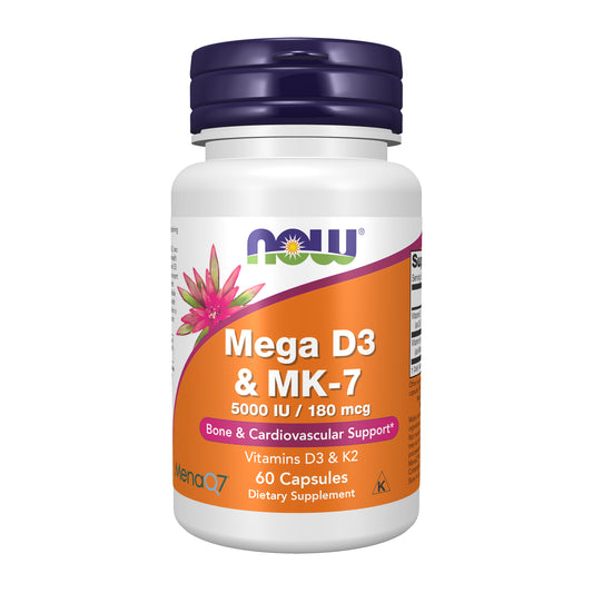 NOW Supplements, Mega D-3 & MK-7 with Vitamins D3 & K2, 5,000 IU/180 mcg, Bone & Cardiovascular Support*, 60 Veg Capsules