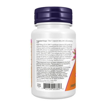 NOW Supplements, Mega D-3 & MK-7 with Vitamins D3 & K2, 5,000 IU/180 mcg, Bone & Cardiovascular Support*, 60 Veg Capsules