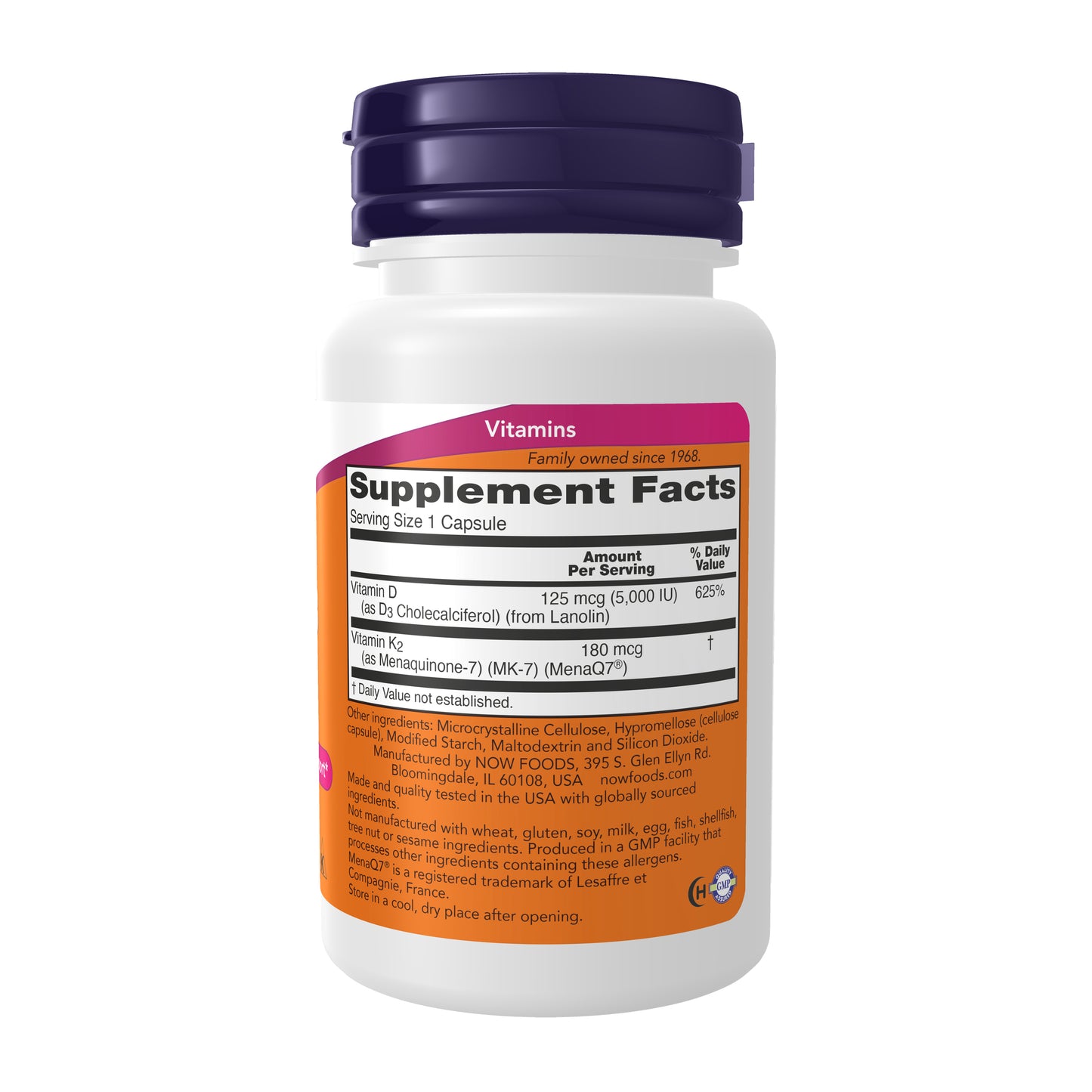 NOW Supplements, Mega D-3 & MK-7 with Vitamins D3 & K2, 5,000 IU/180 mcg, Bone & Cardiovascular Support*, 60 Veg Capsules