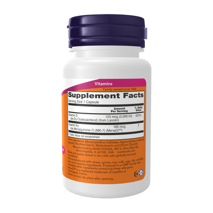 NOW Supplements, Mega D-3 & MK-7 with Vitamins D3 & K2, 5,000 IU/180 mcg, Bone & Cardiovascular Support*, 60 Veg Capsules