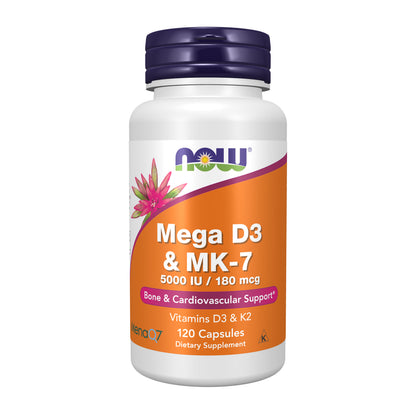 NOW Supplements, Mega D3 & MK-7, 5000 IU / 180 mcg, Bone & Cardiovascular Support*, Vitamins D3 & K2, 120 Capsules