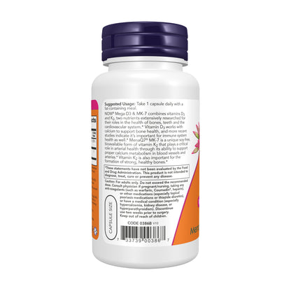 NOW Supplements, Mega D3 & MK-7, 5000 IU / 180 mcg, Bone & Cardiovascular Support*, Vitamins D3 & K2, 120 Capsules