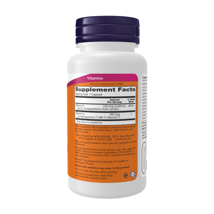 NOW Supplements, Mega D3 & MK-7, 5000 IU / 180 mcg, Bone & Cardiovascular Support*, Vitamins D3 & K2, 120 Capsules