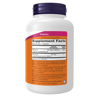 NOW Supplements, Vitamin D3 & K2, 1,000 IU/45 mcg, Plus Cardiovascular Support*, Supports Bone Health*, 240 Veg Capsules