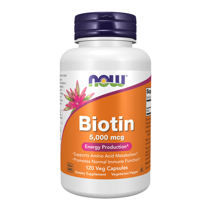 NOW Supplements, Biotin 5,000 mcg, Amino Acid Metabolism*, Energy Production*, 120 Veg Capsules