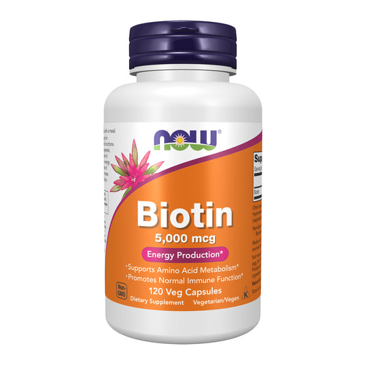NOW Supplements, Biotin 5,000 mcg, Amino Acid Metabolism*, Energy Production*, 120 Veg Capsules