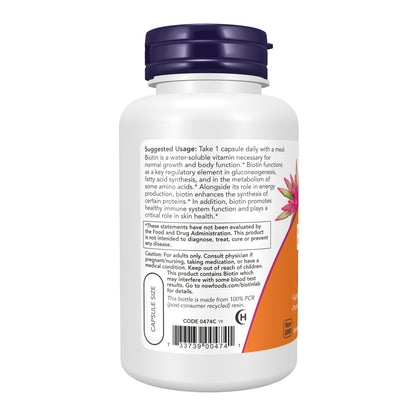 NOW Supplements, Biotin 5,000 mcg, Amino Acid Metabolism*, Energy Production*, 120 Veg Capsules