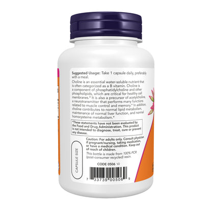 NOW Supplements Choline 300 mg, 100 Veg Capsules - Supports Nervous System and Liver Health*, Vegan